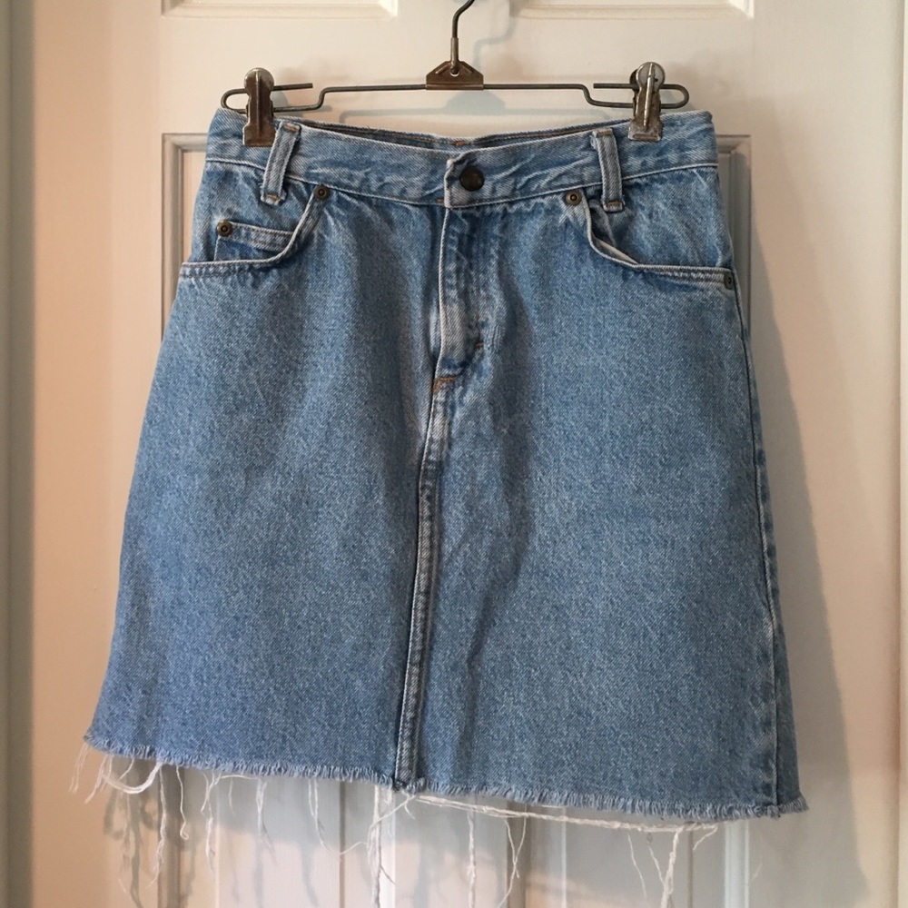 High rise distressed denim skirt